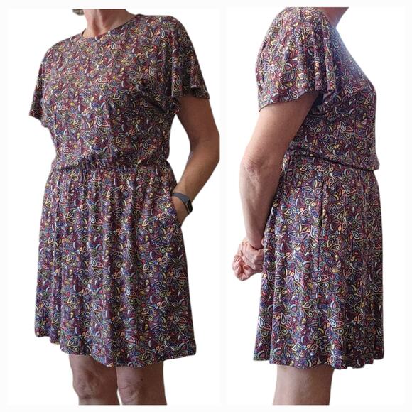Boden Paisley Flutter Sleeve Jersey Dress w/ elastic waist, size 12 petite - Picture 3 of 9